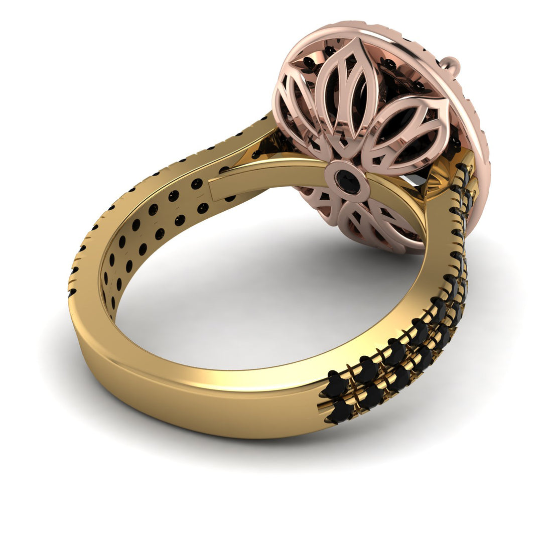 Two Tones Gorgeous Oval Cut Black Diamond Pave Double Shank Engagement Ring With Hidden Stone - Phoebe No. 79