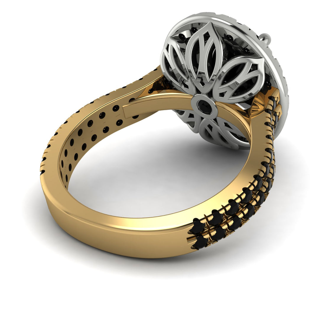 Two Tones Gorgeous Oval Cut Black Diamond Pave Double Shank Engagement Ring With Hidden Stone - Phoebe No. 80