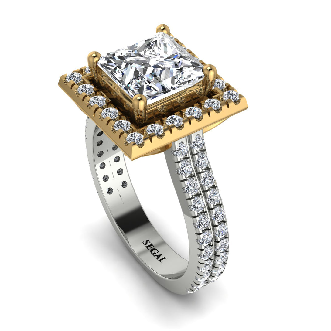 Two Tones Gorgeous Princess Cut Diamond Pave Double Shank Engagement Ring With Hidden Stone - Margot No. 77