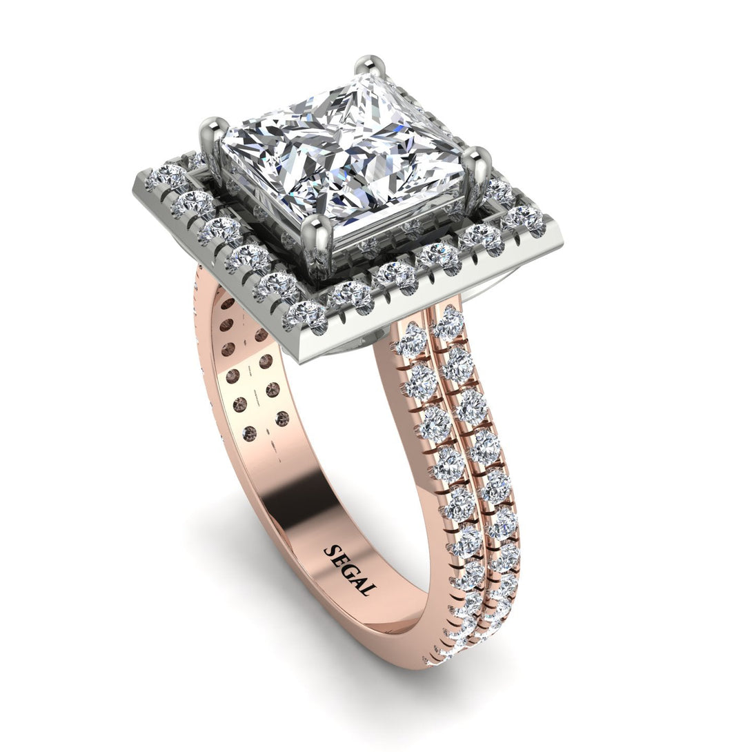 Two Tones Gorgeous Princess Cut Diamond Pave Double Shank Engagement Ring With Hidden Stone - Margot No. 78