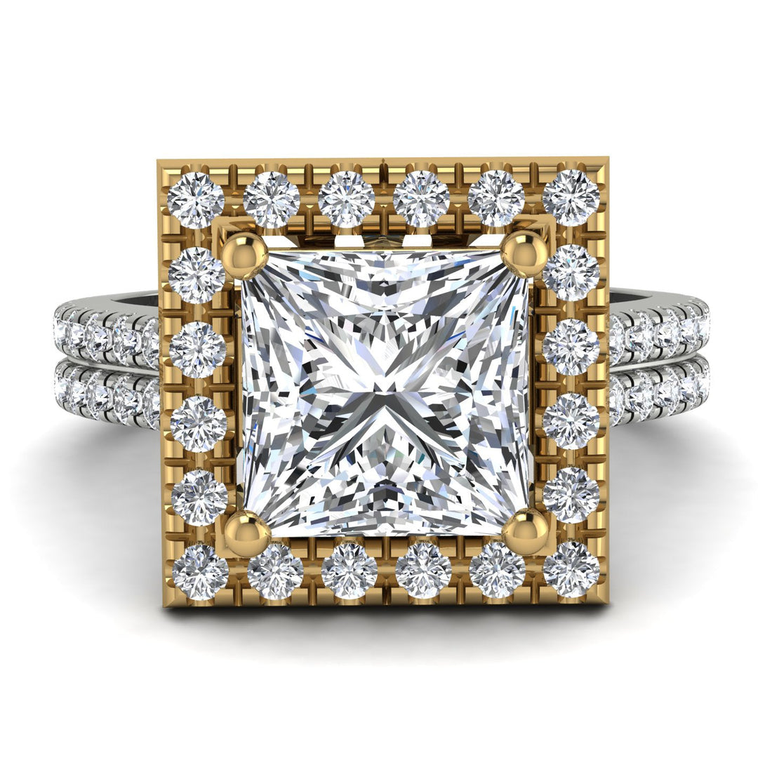 Two Tones Gorgeous Princess Cut Diamond Pave Double Shank Engagement Ring With Hidden Stone - Margot No. 77