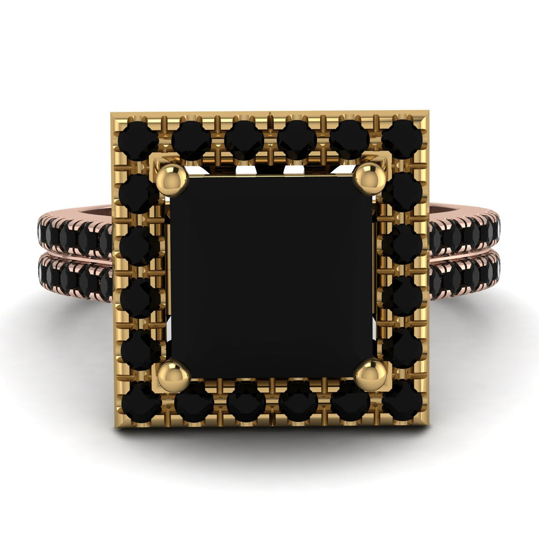 Two Tones Gorgeous Princess Cut Black Diamond Pave Double Shank Engagement Ring With Hidden Stone - Margot No. 79