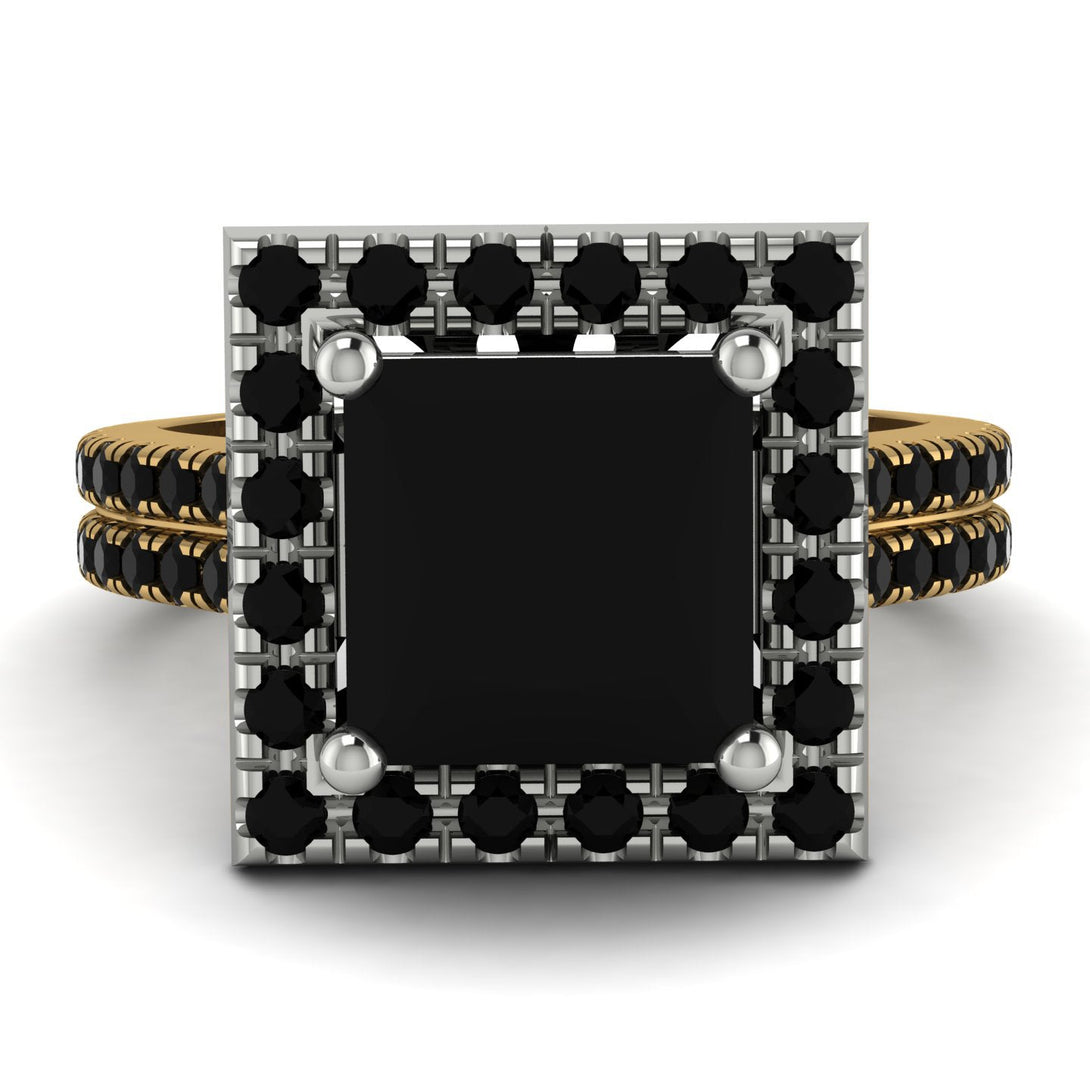 Two Tones Gorgeous Princess Cut Black Diamond Pave Double Shank Engagement Ring With Hidden Stone - Margot No. 80