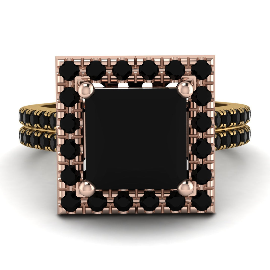 Two Tones Gorgeous Princess Cut Black Diamond Pave Double Shank Engagement Ring With Hidden Stone - Margot No. 79