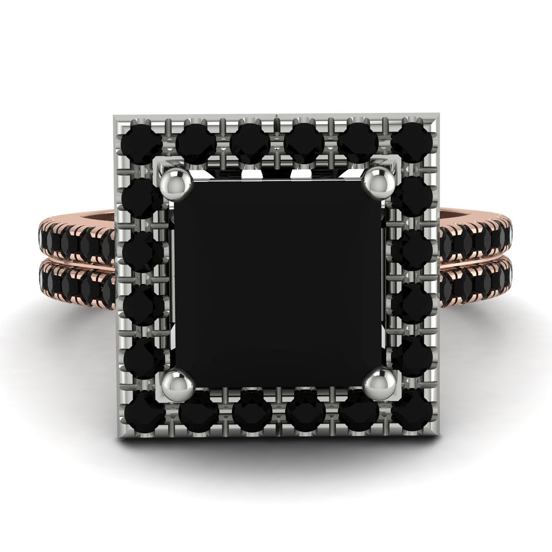 Two Tones Gorgeous Princess Cut Black Diamond Pave Double Shank Engagement Ring With Hidden Stone - Margot No. 81