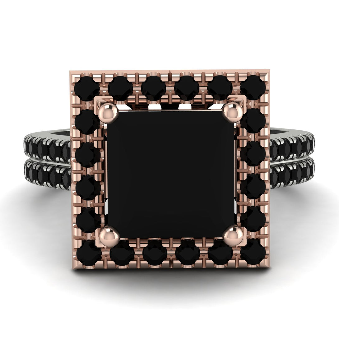 Two Tones Gorgeous Princess Cut Black Diamond Pave Double Shank Engagement Ring With Hidden Stone - Margot No. 81