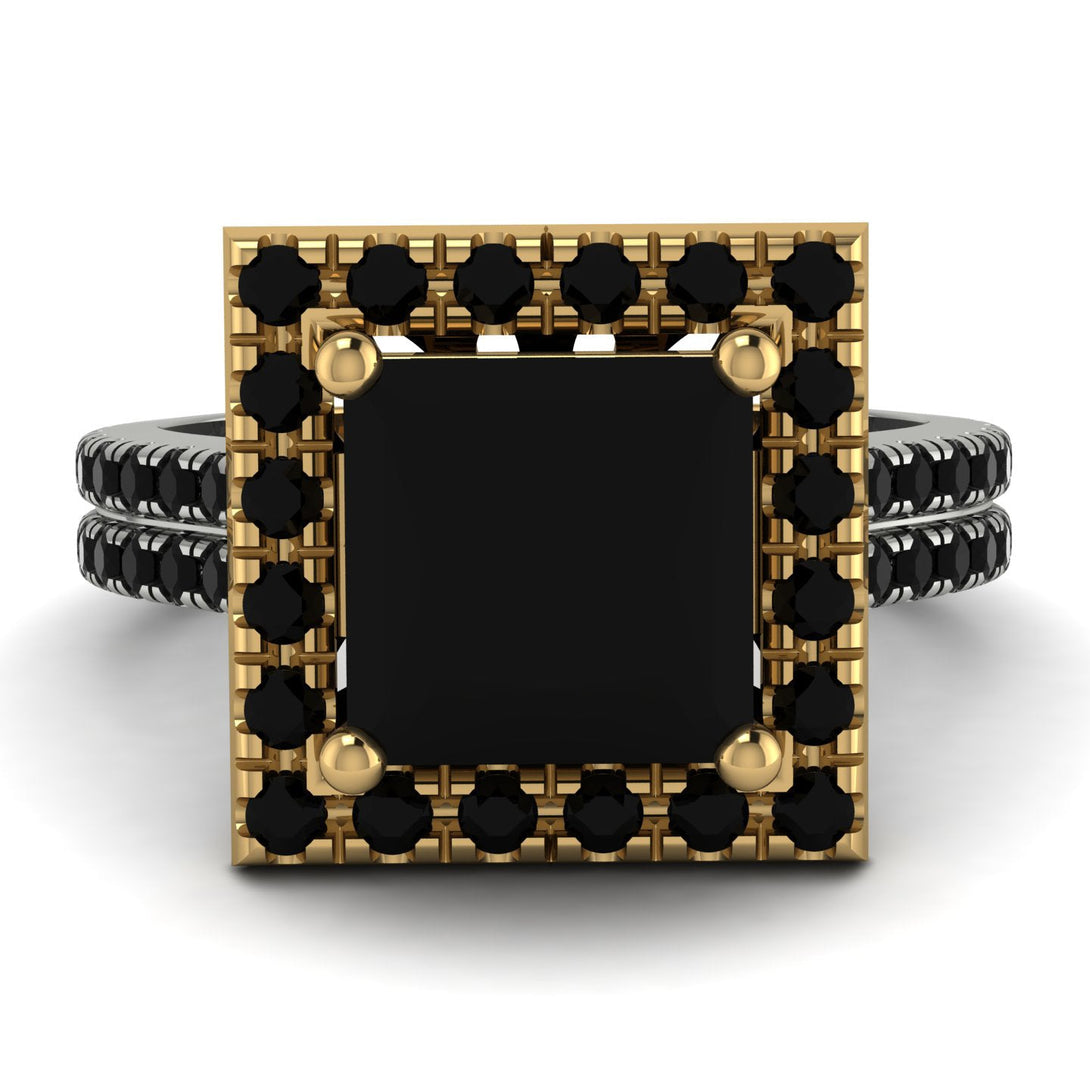 Two Tones Gorgeous Princess Cut Black Diamond Pave Double Shank Engagement Ring With Hidden Stone - Margot No. 80