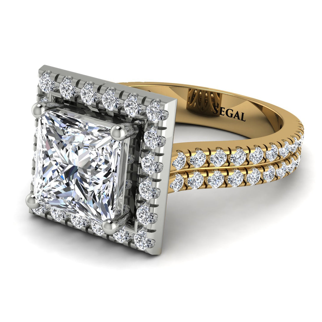 Two Tones Gorgeous Princess Cut Diamond Pave Double Shank Engagement Ring With Hidden Stone - Margot No. 77