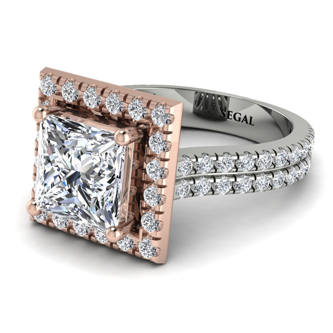 Two Tones Gorgeous Princess Cut Diamond Pave Double Shank Engagement Ring With Hidden Stone - Margot No. 78