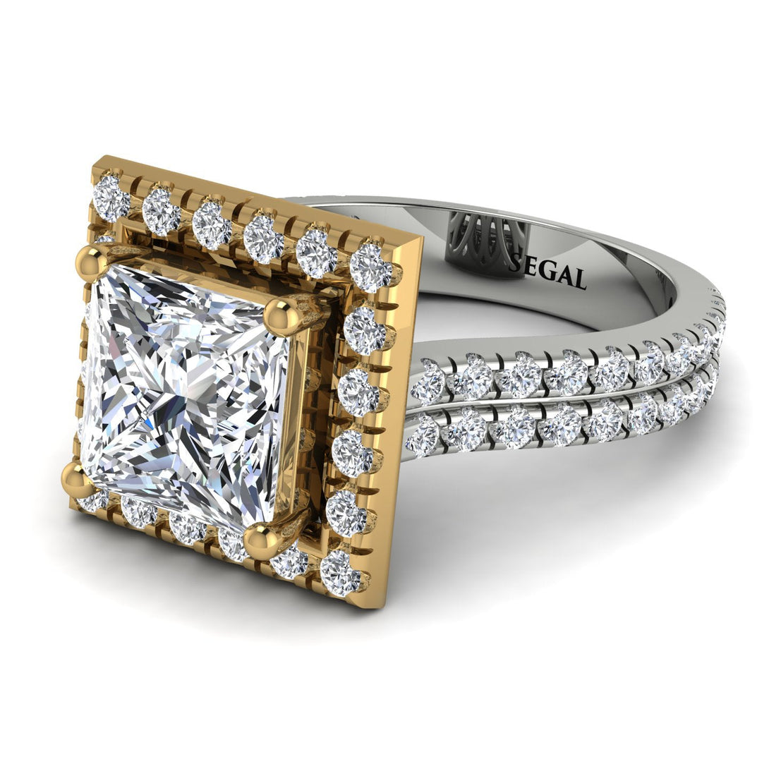 Two Tones Gorgeous Princess Cut Diamond Pave Double Shank Engagement Ring With Hidden Stone - Margot No. 77