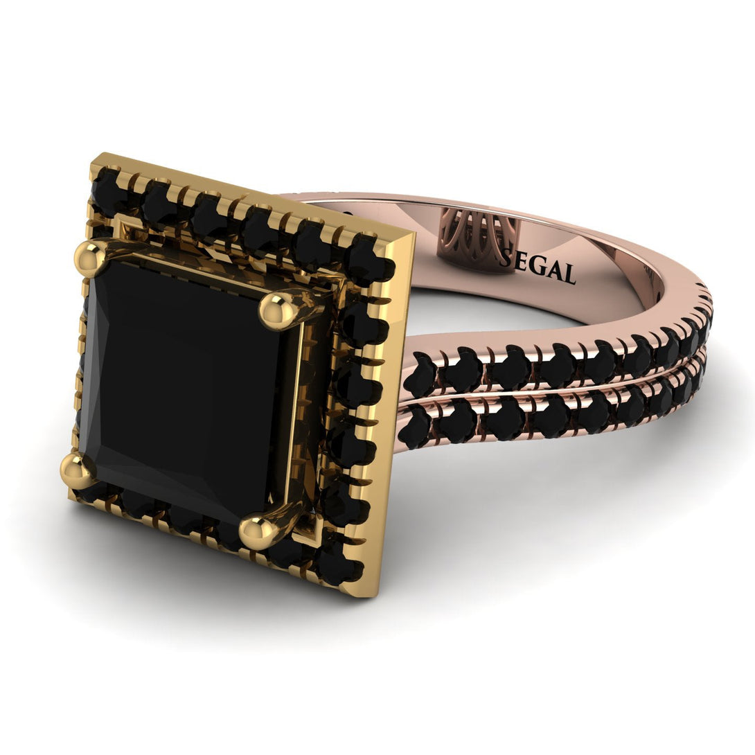 Two Tones Gorgeous Princess Cut Black Diamond Pave Double Shank Engagement Ring With Hidden Stone - Margot No. 79