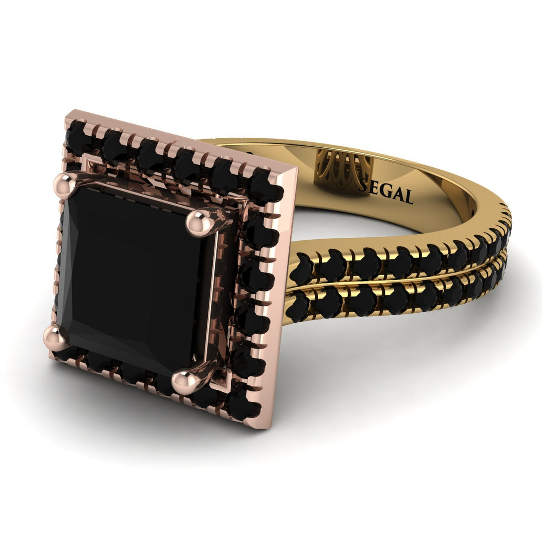Two Tones Gorgeous Princess Cut Black Diamond Pave Double Shank Engagement Ring With Hidden Stone - Margot No. 79