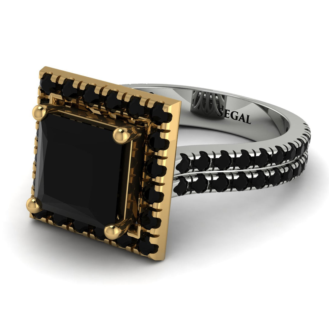 Two Tones Gorgeous Princess Cut Black Diamond Pave Double Shank Engagement Ring With Hidden Stone - Margot No. 80