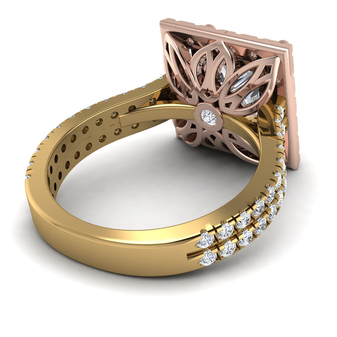 Two Tones Gorgeous Princess Cut Diamond Pave Double Shank Engagement Ring With Hidden Stone - Margot No. 76