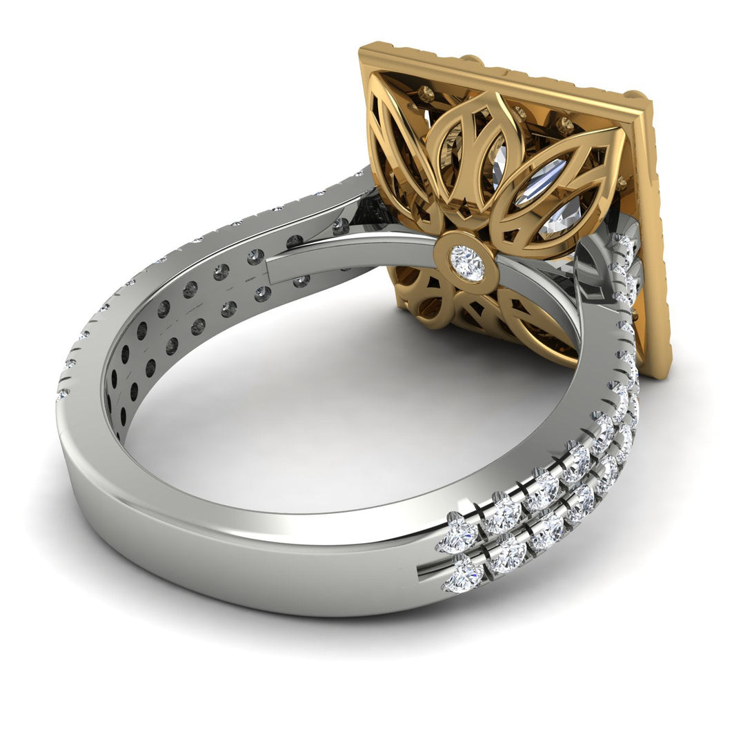 Two Tones Gorgeous Princess Cut Diamond Pave Double Shank Engagement Ring With Hidden Stone - Margot No. 77