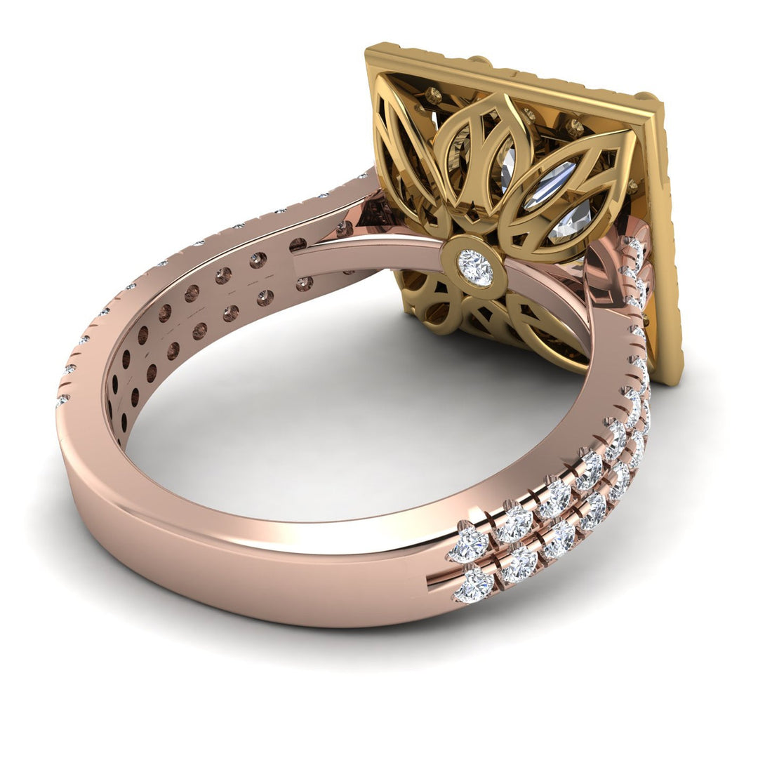 Two Tones Gorgeous Princess Cut Diamond Pave Double Shank Engagement Ring With Hidden Stone - Margot No. 76