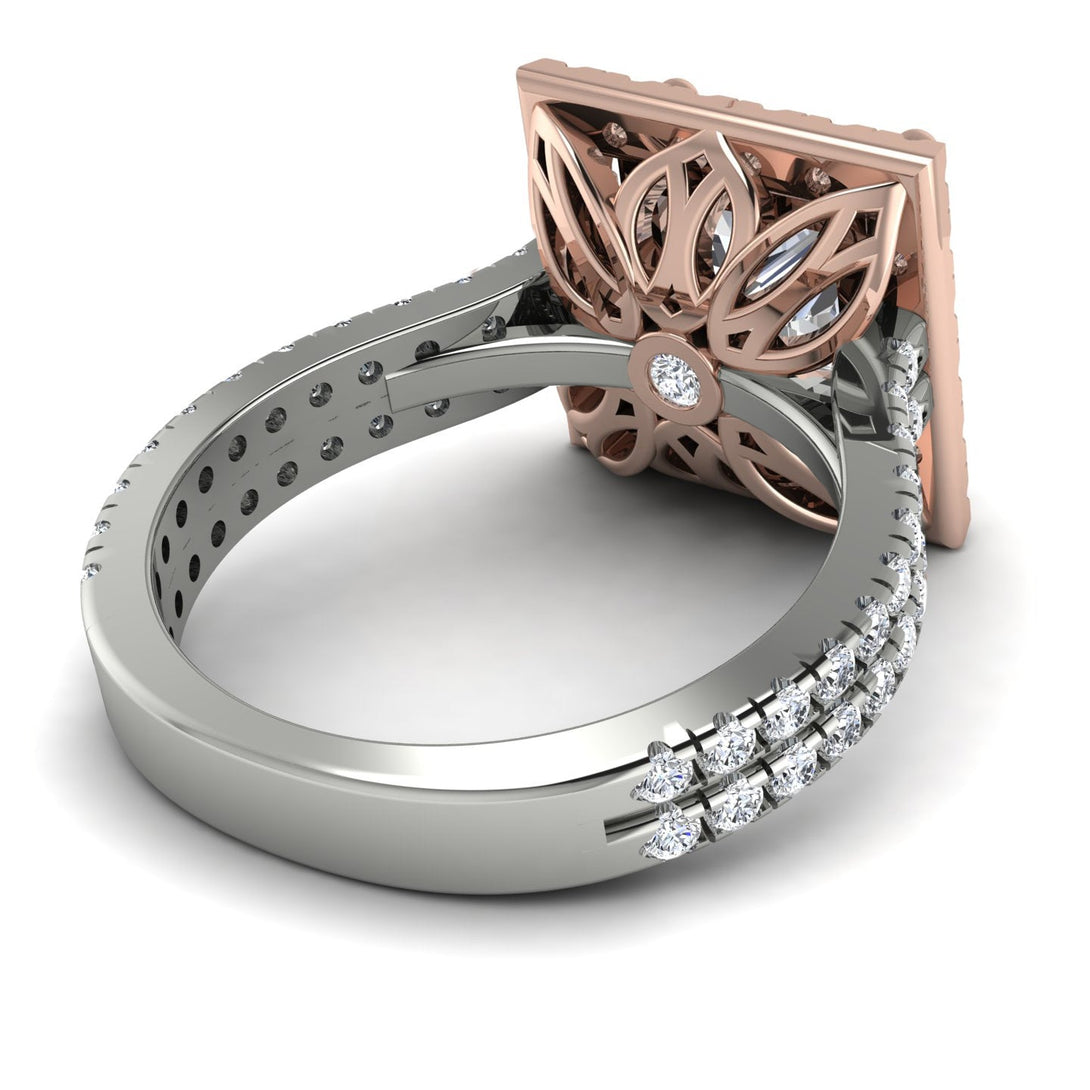 Two Tones Gorgeous Princess Cut Diamond Pave Double Shank Engagement Ring With Hidden Stone - Margot No. 78