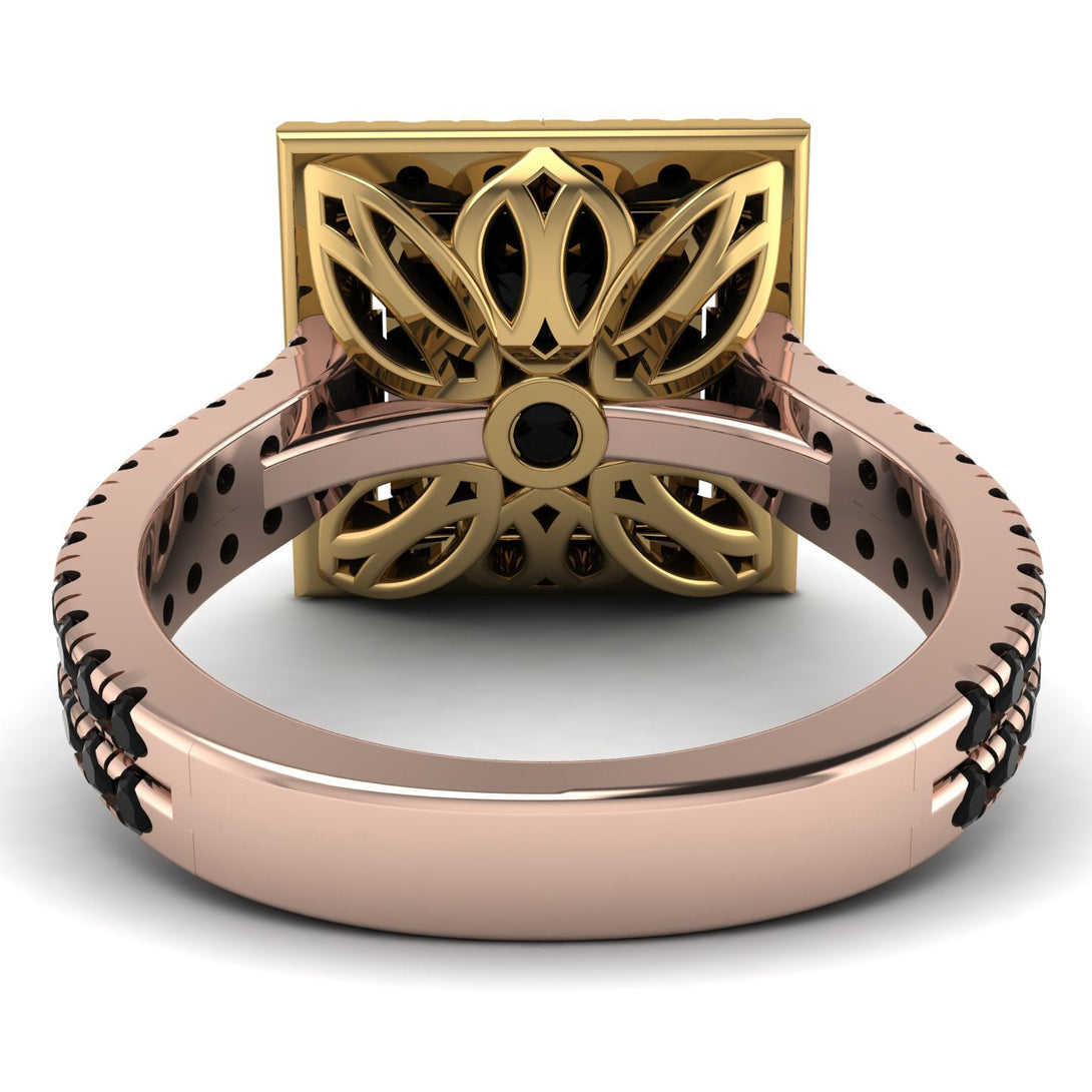 Two Tones Gorgeous Princess Cut Black Diamond Pave Double Shank Engagement Ring With Hidden Stone - Margot No. 79