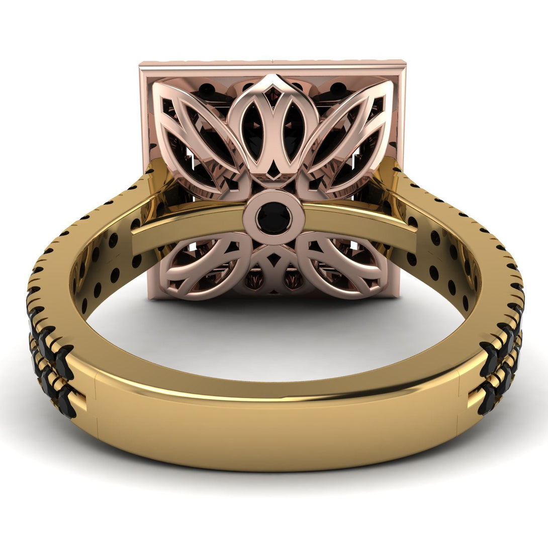 Two Tones Gorgeous Princess Cut Black Diamond Pave Double Shank Engagement Ring With Hidden Stone - Margot No. 79