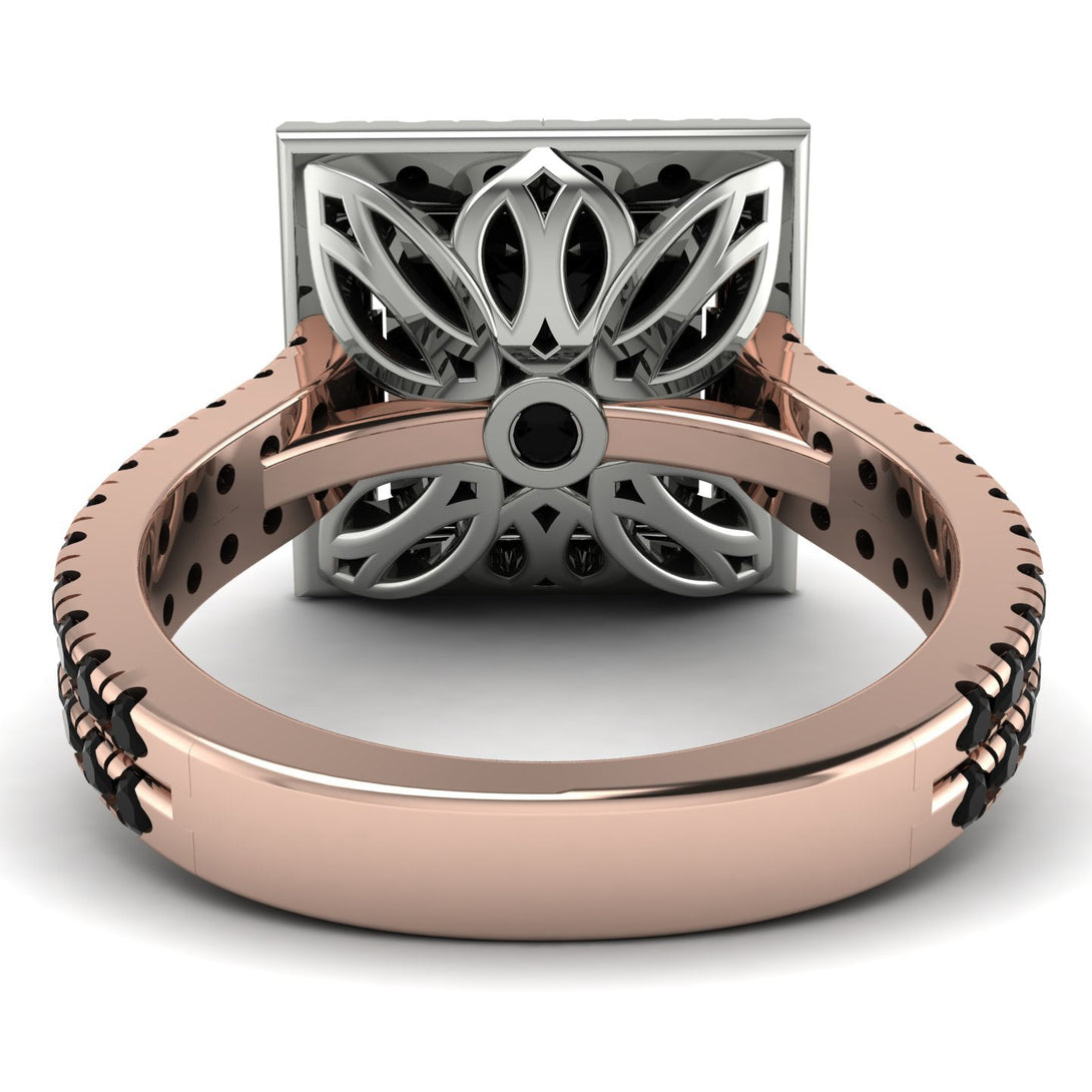 Two Tones Gorgeous Princess Cut Black Diamond Pave Double Shank Engagement Ring With Hidden Stone - Margot No. 81