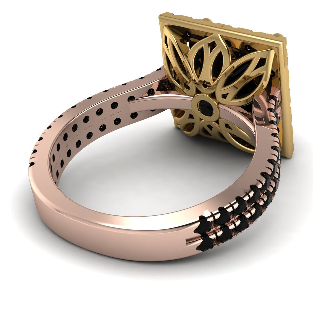 Two Tones Gorgeous Princess Cut Black Diamond Pave Double Shank Engagement Ring With Hidden Stone - Margot No. 79