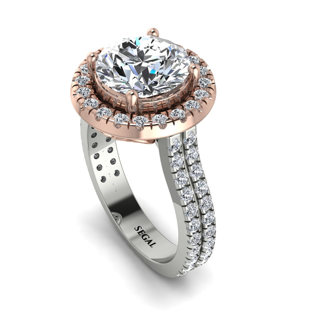 Two Tones Gorgeous Round Cut Diamond Pave Double Shank Engagement Ring With Hidden Stone - Ellen No. 78
