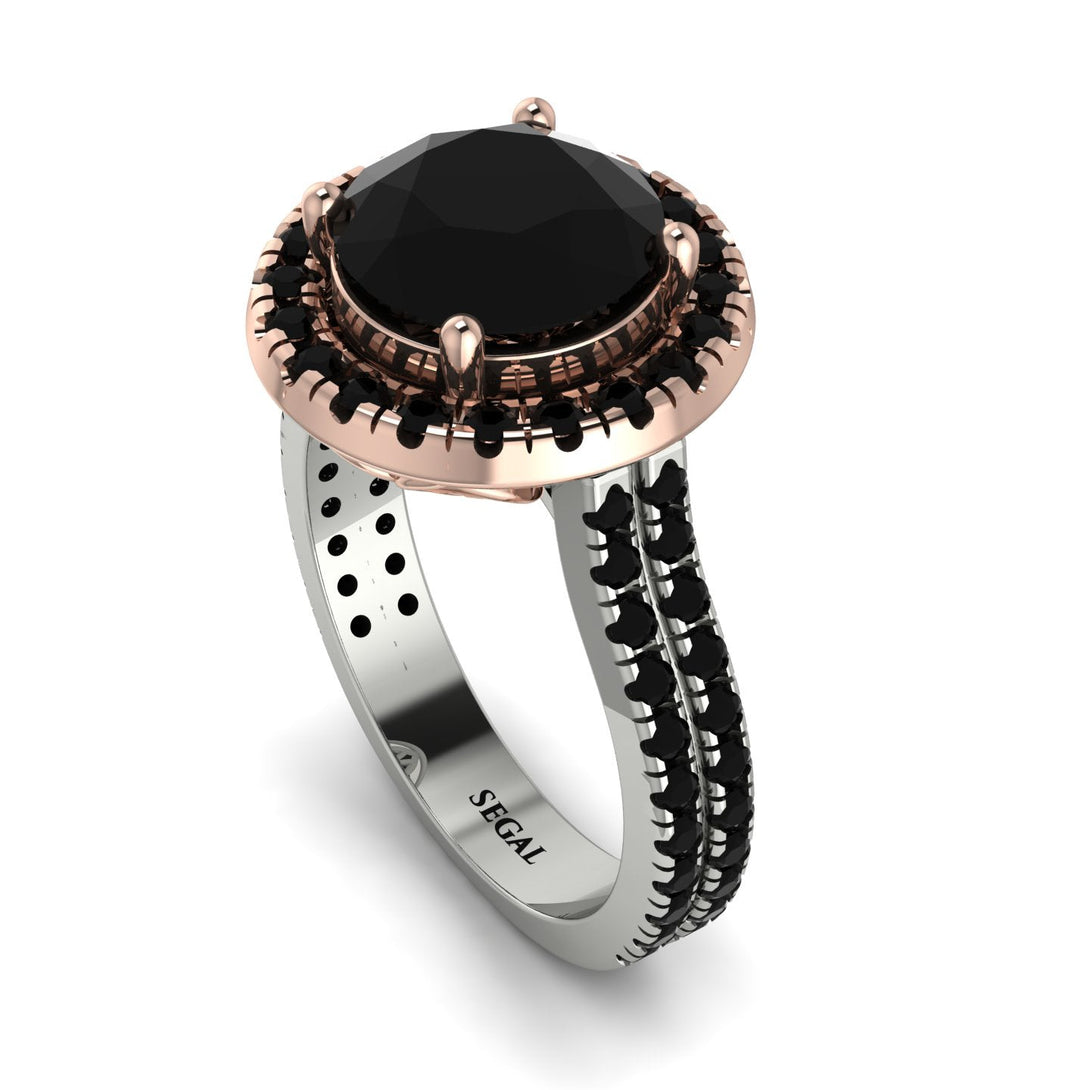 Two Tones Gorgeous Round Cut Black Diamond Pave Double Shank Engagement Ring With Hidden Stone - Ellen No. 81