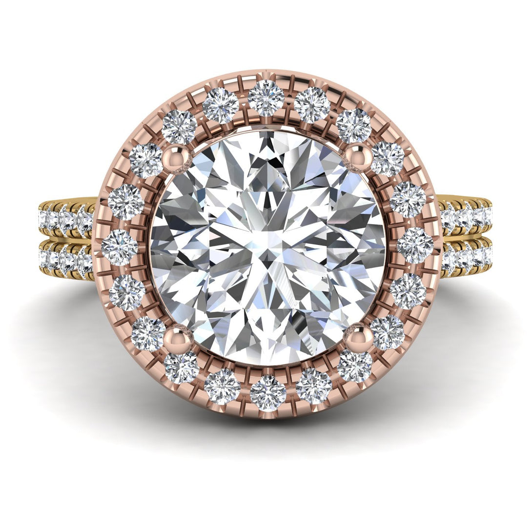 Two Tones Gorgeous Round Cut Diamond Pave Double Shank Engagement Ring With Hidden Stone - Ellen No. 76