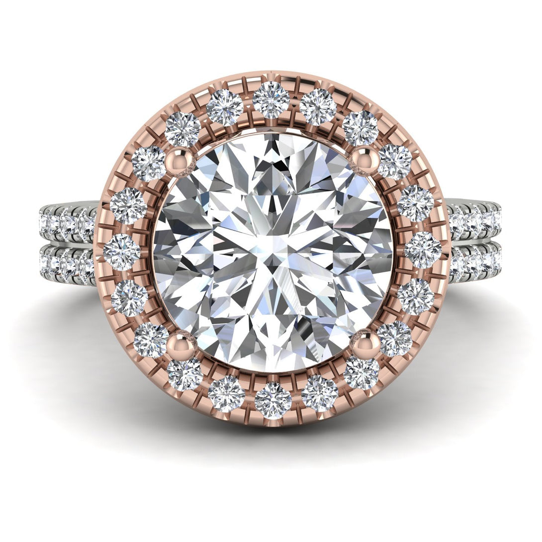 Two Tones Gorgeous Round Cut Diamond Pave Double Shank Engagement Ring With Hidden Stone - Ellen No. 78