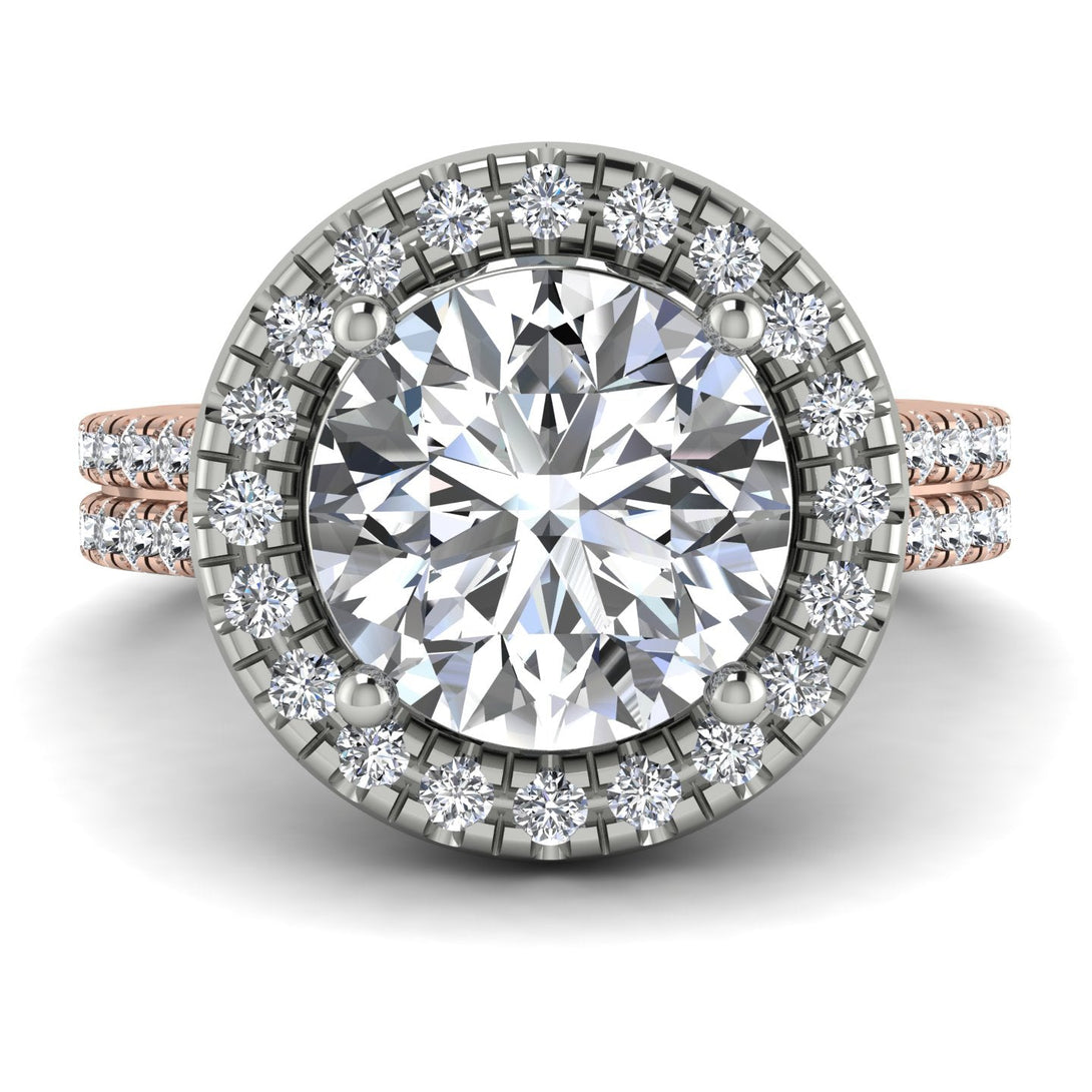 Two Tones Gorgeous Round Cut Diamond Pave Double Shank Engagement Ring With Hidden Stone - Ellen No. 78
