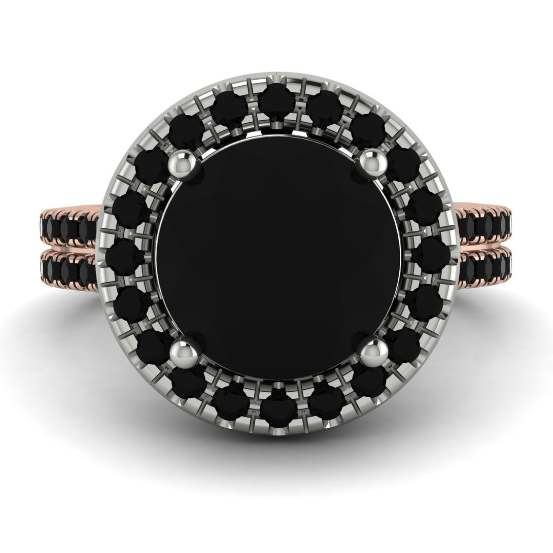 Two Tones Gorgeous Round Cut Black Diamond Pave Double Shank Engagement Ring With Hidden Stone - Ellen No. 81