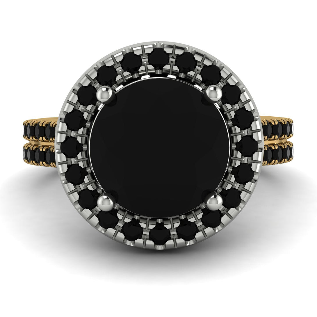 Two Tones Gorgeous Round Cut Black Diamond Pave Double Shank Engagement Ring With Hidden Stone - Ellen No. 80