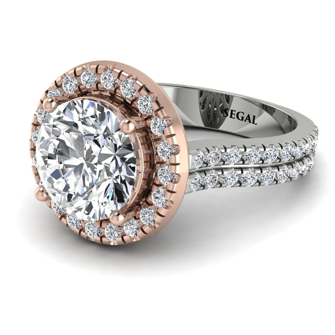 Two Tones Gorgeous Round Cut Diamond Pave Double Shank Engagement Ring With Hidden Stone - Ellen No. 78