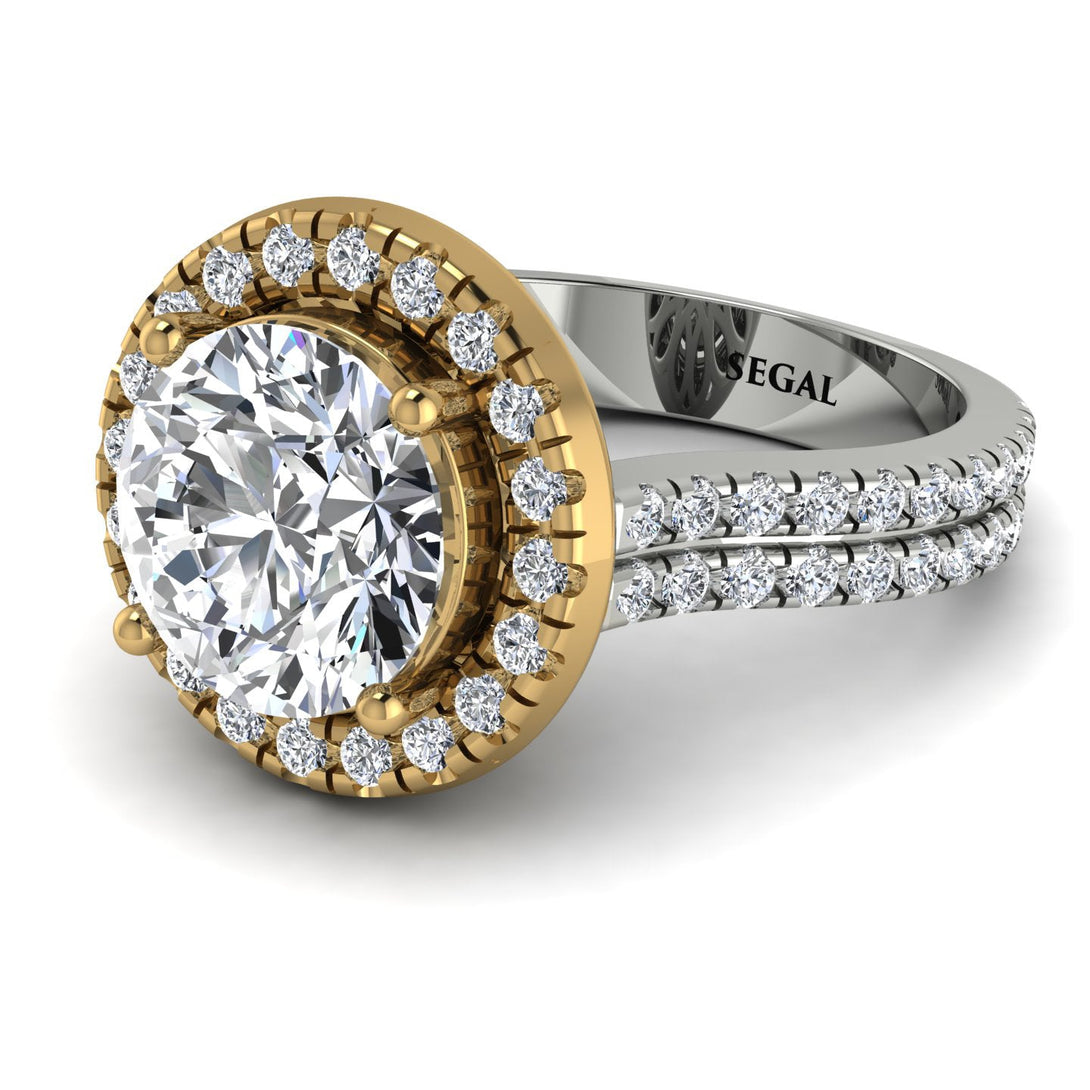 Two Tones Gorgeous Round Cut Diamond Pave Double Shank Engagement Ring With Hidden Stone - Ellen No. 77