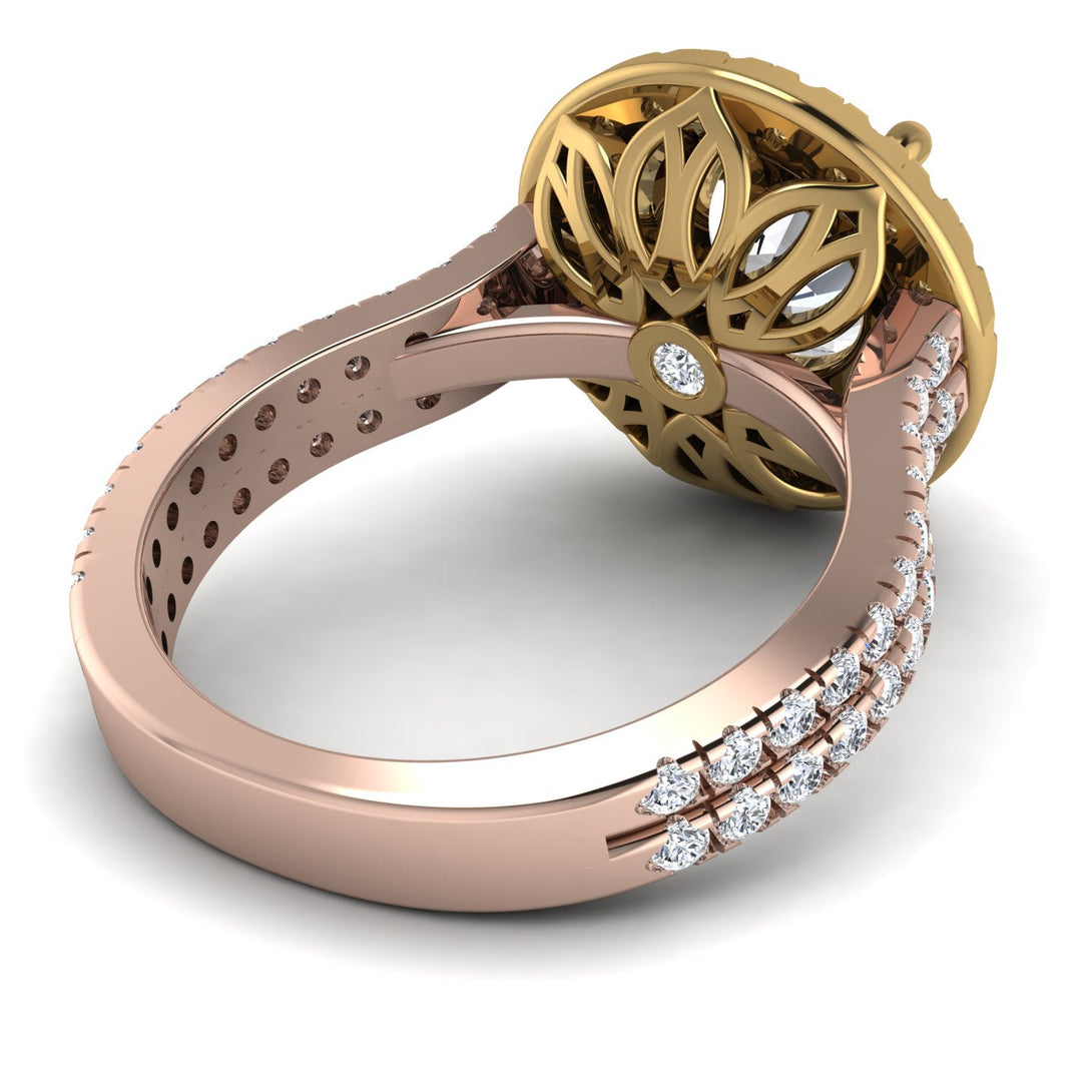 Two Tones Gorgeous Round Cut Diamond Pave Double Shank Engagement Ring With Hidden Stone - Ellen No. 76