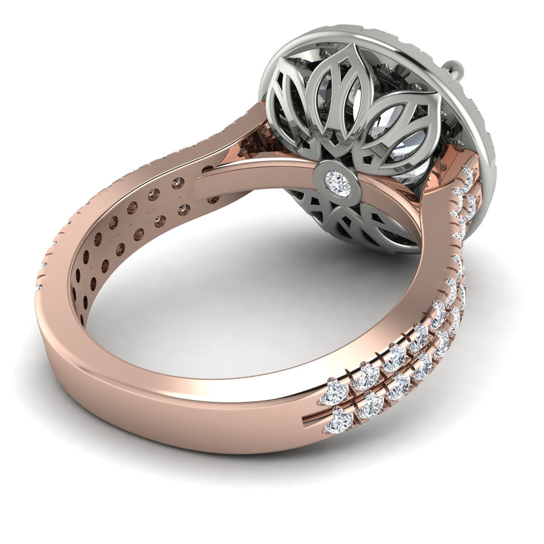 Two Tones Gorgeous Round Cut Diamond Pave Double Shank Engagement Ring With Hidden Stone - Ellen No. 78