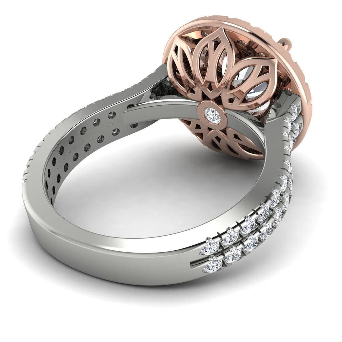 Two Tones Gorgeous Round Cut Diamond Pave Double Shank Engagement Ring With Hidden Stone - Ellen No. 78