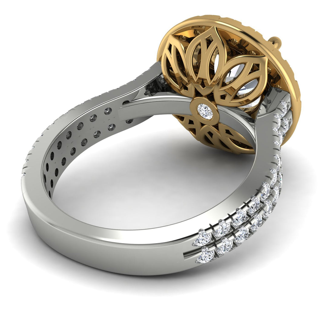 Two Tones Gorgeous Round Cut Diamond Pave Double Shank Engagement Ring With Hidden Stone - Ellen No. 77