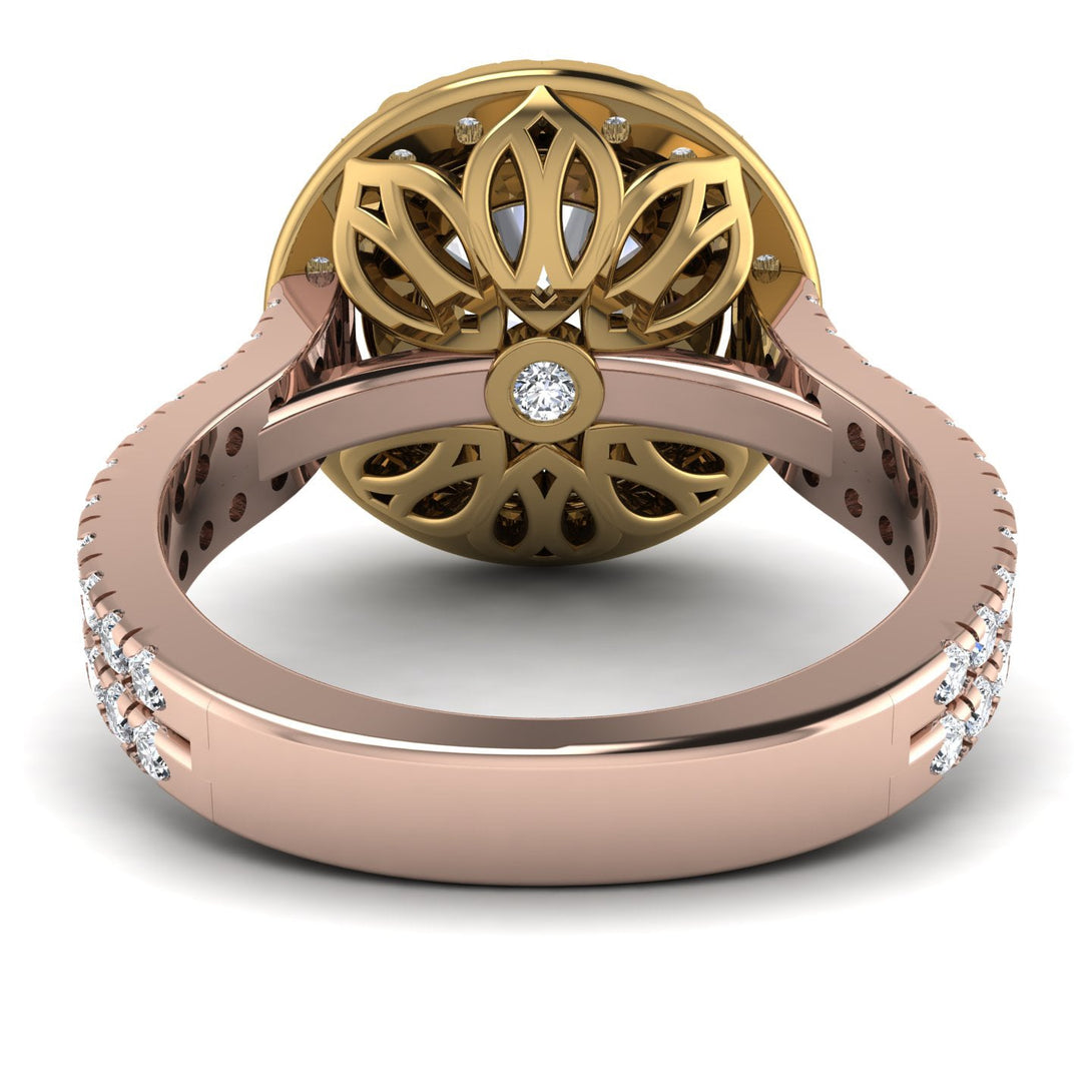 Two Tones Gorgeous Round Cut Diamond Pave Double Shank Engagement Ring With Hidden Stone - Ellen No. 76