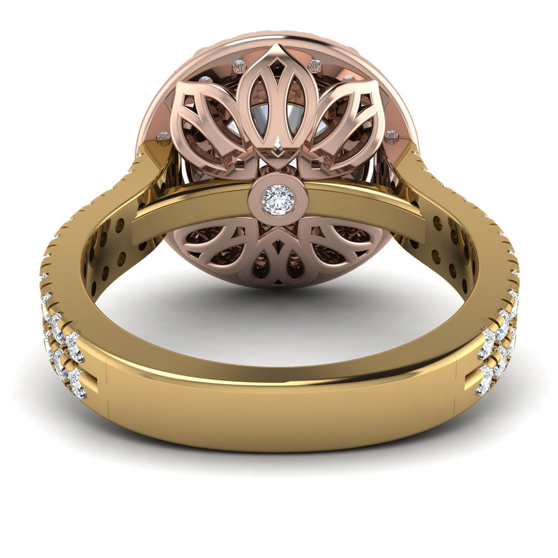 Two Tones Gorgeous Round Cut Diamond Pave Double Shank Engagement Ring With Hidden Stone - Ellen No. 76