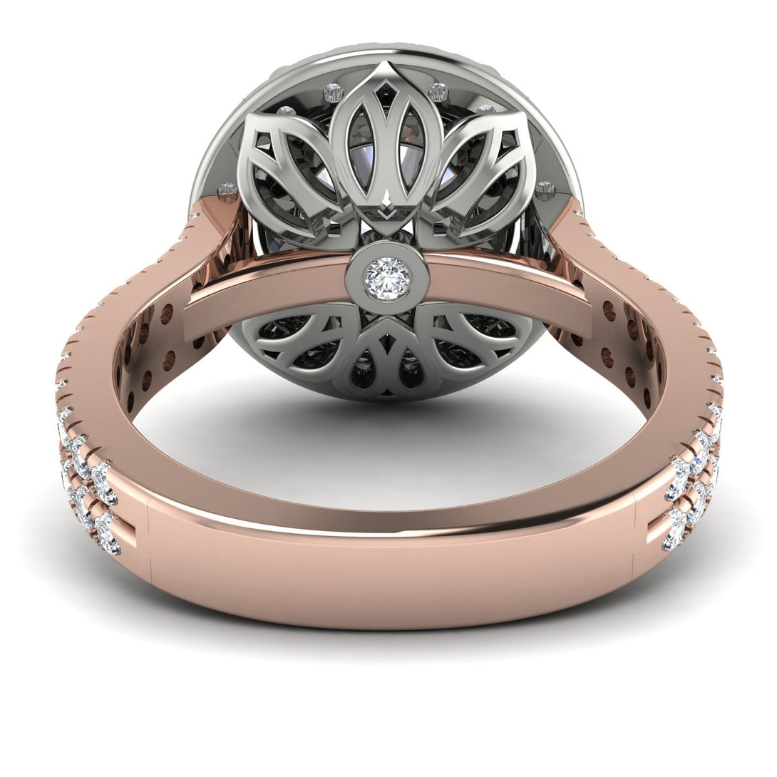 Two Tones Gorgeous Round Cut Diamond Pave Double Shank Engagement Ring With Hidden Stone - Ellen No. 78