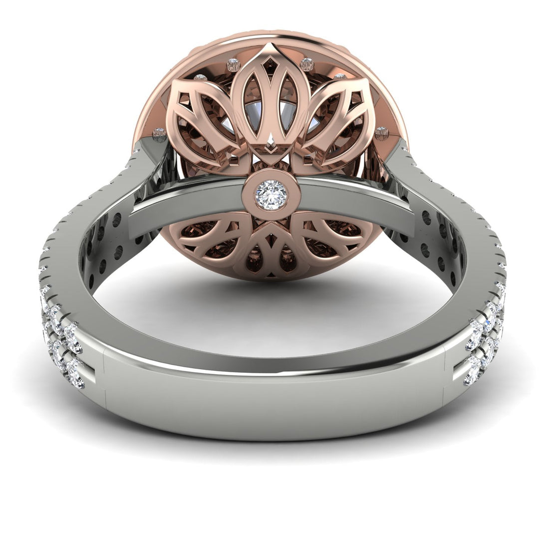 Two Tones Gorgeous Round Cut Diamond Pave Double Shank Engagement Ring With Hidden Stone - Ellen No. 78