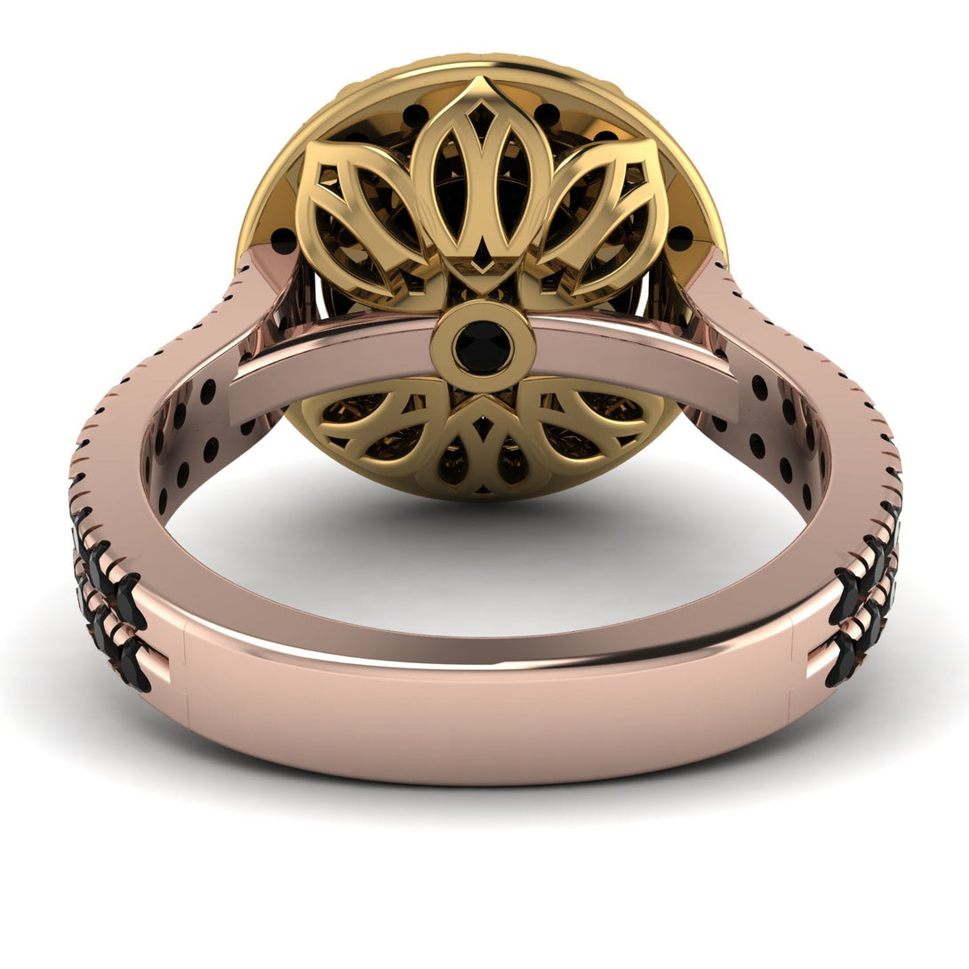 Two Tones Gorgeous Round Cut Black Diamond Pave Double Shank Engagement Ring With Hidden Stone - Ellen No. 79