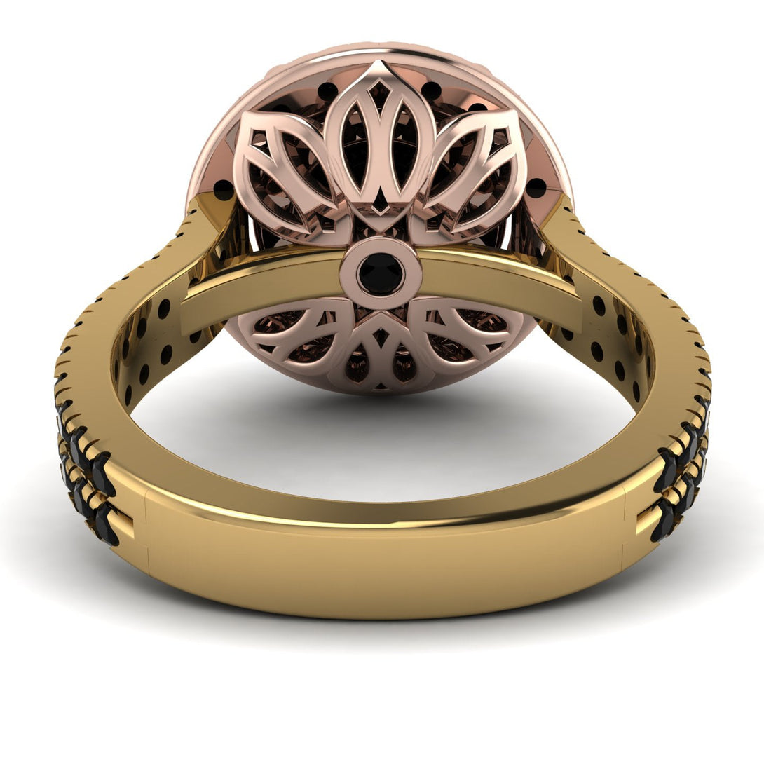 Two Tones Gorgeous Round Cut Black Diamond Pave Double Shank Engagement Ring With Hidden Stone - Ellen No. 79