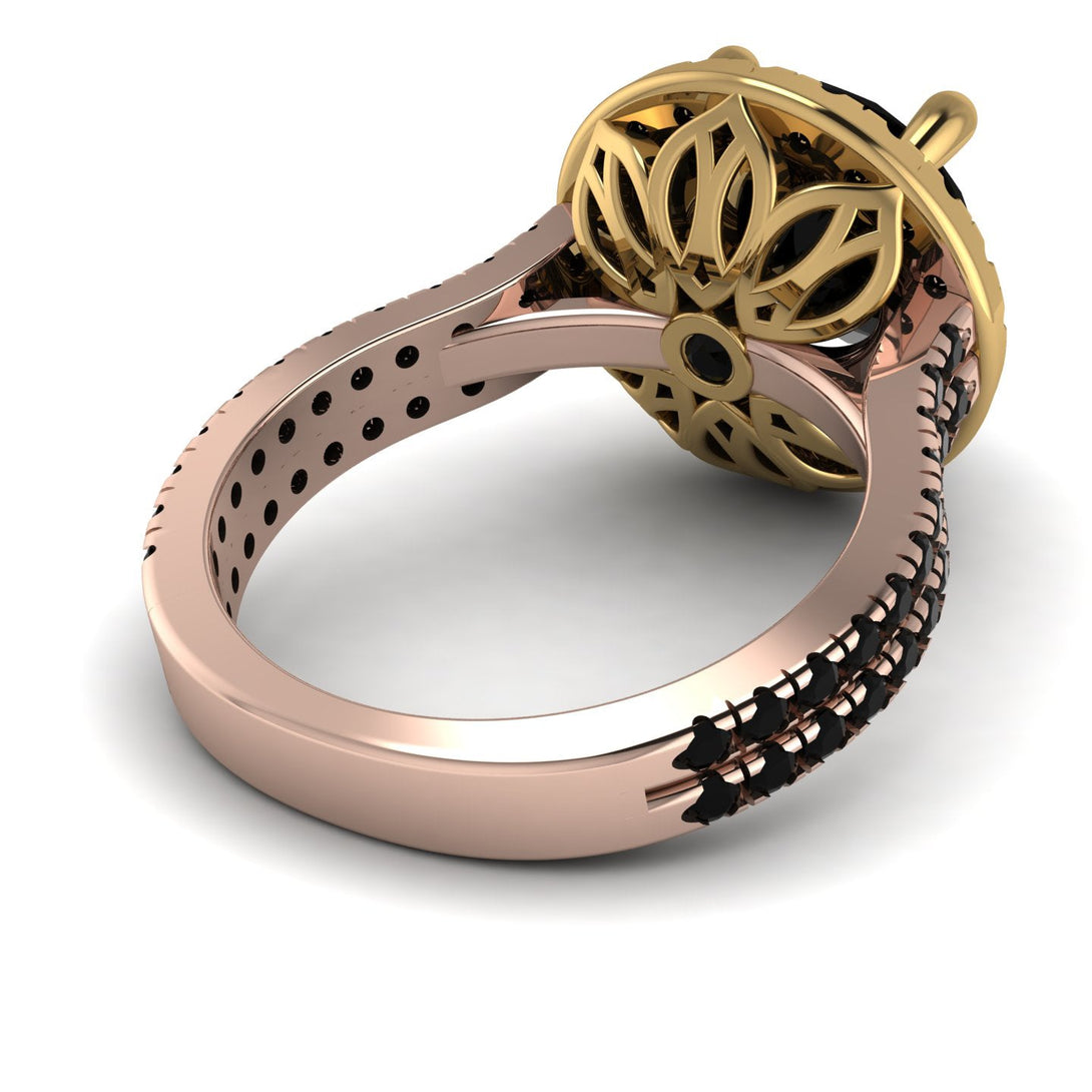 Two Tones Gorgeous Round Cut Black Diamond Pave Double Shank Engagement Ring With Hidden Stone - Ellen No. 79