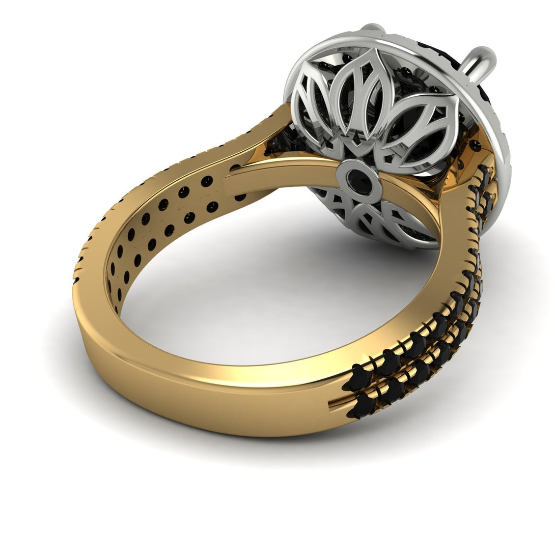 Two Tones Gorgeous Round Cut Black Diamond Pave Double Shank Engagement Ring With Hidden Stone - Ellen No. 80