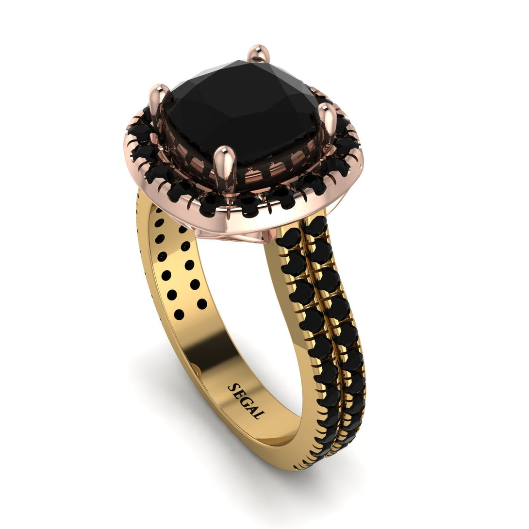 Two Tones Gorgeous Cushion Cut Black Diamond Pave Double Shank Engagement Ring With Hidden Stone - Kira No. 79