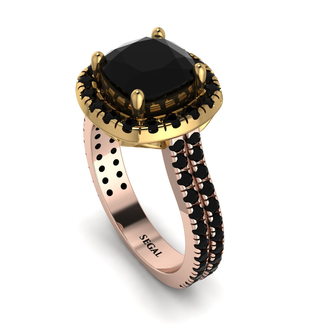 Two Tones Gorgeous Cushion Cut Black Diamond Pave Double Shank Engagement Ring With Hidden Stone - Kira No. 79