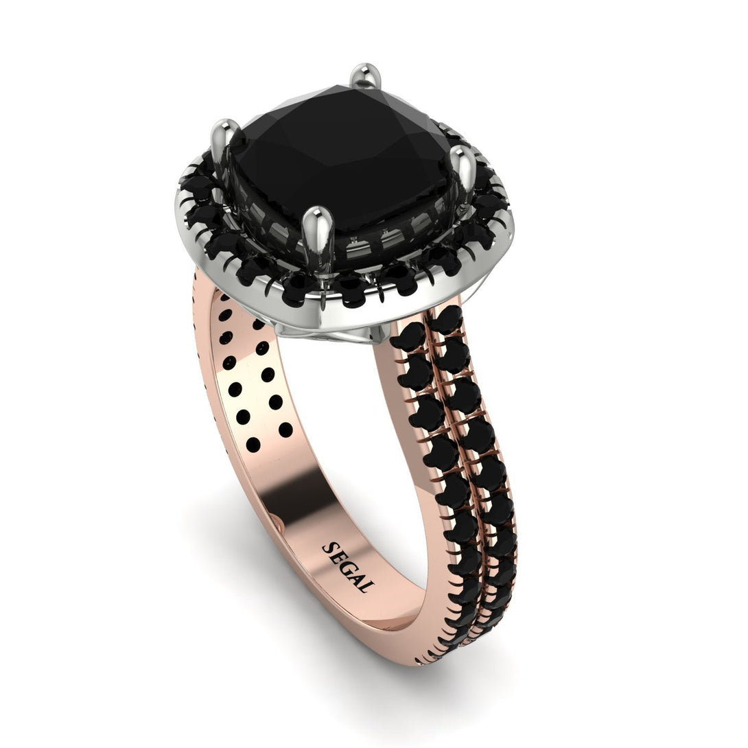 Two Tones Gorgeous Cushion Cut Black Diamond Pave Double Shank Engagement Ring With Hidden Stone - Kira No. 81