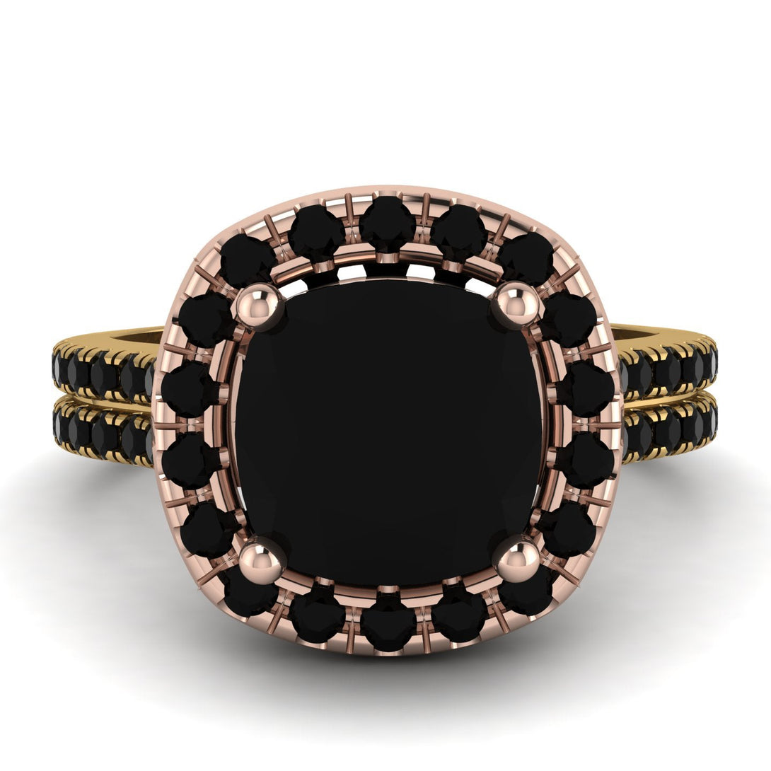 Two Tones Gorgeous Cushion Cut Black Diamond Pave Double Shank Engagement Ring With Hidden Stone - Kira No. 79